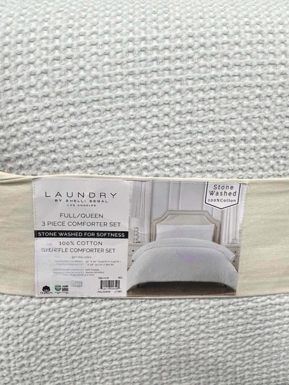 Laundry Light Gray Cotton Waffle Textured Full/Queen Comforter Set 90”x90”